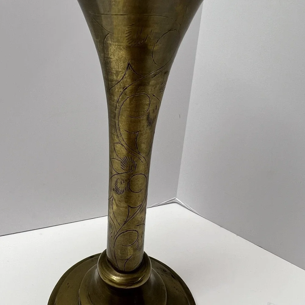 VTG Brass Or Brass Played Bud Etched Funnel Flutted Vade Shape Footed Boho Decor